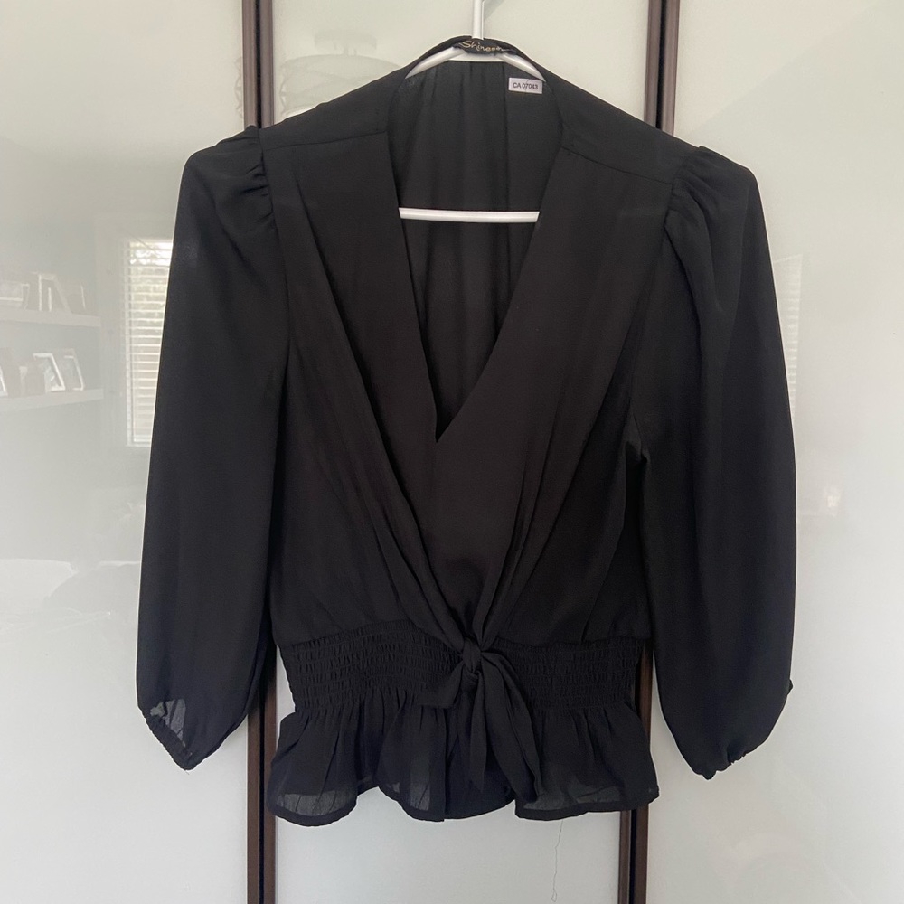 Black flowy blouse with tie at the waist